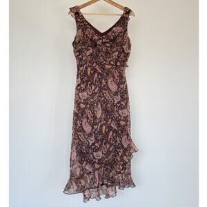 Vtg Y2K Brown Paisley Floral Ruffled Sleeveless Dress Sz 10 Fairycore Grunge